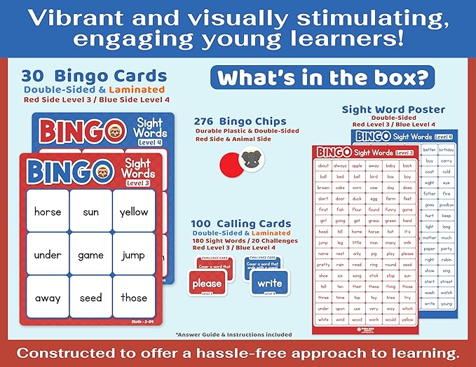 Bright Seed Sight Words Bingo Game for Kindergarten, Learn to Read Sight Word Cards, Word Games for Kids Ages 4-8, Bingo Sight Words Level 3&4, Laminated for Easy Clean