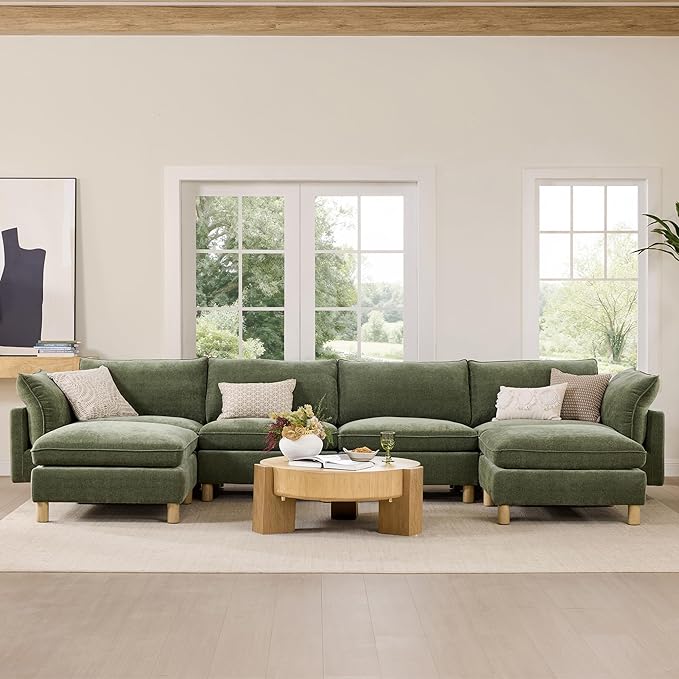 CHITA 127" Super Large Sectional Couches for Living Room, Modular Cloud Couch Sectional Sofa, Premium Fabric Couches, Down Filled, High Density Foam, Chenille in Green, 5 Seat U Shaped