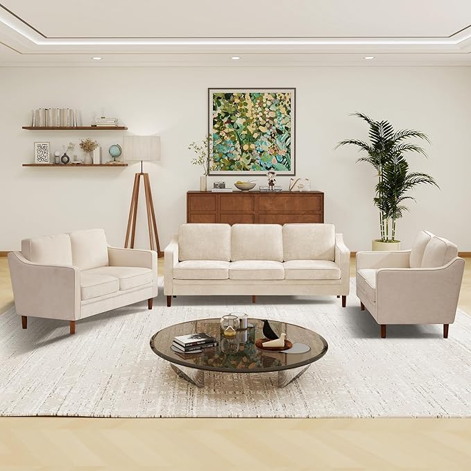 Kingfun Living Room Furniture Sets, Armchair and 2 Loveseat, Mid Century Modern Sofa Set, Chenille Couch with Solid Wood Frame for Living Room & Bedroom, Beige