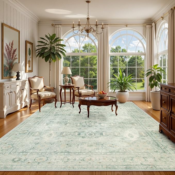 Lahome Vintage 9x12 Washable Green Rugs for Living Room Bedroom, Boho Dining Room Rugs for Under Table, Soft Non Slip Indoor Throw Carpet for Home Office Playroom (9x12ft,Light Green)