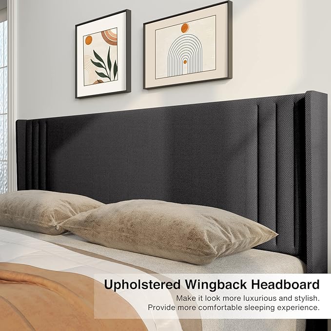 Gizoon Full Bed Frame with Wingback Headboard, Upholstered Platform Bed with Modern Geometric Headboard, Wooden Slats, Noise-Free, No Box Spring Needed