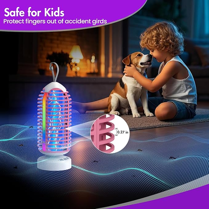 Bug Zapper Outdoor with Colorful Lighting and Auto-Sensing, 3 in 1 Cordless 4000mAh Battery Electric Fly Trap, Rechargeable Mosquito Zapper for Camping, Patios, Garden, Kitchen (1Pack-Pink)