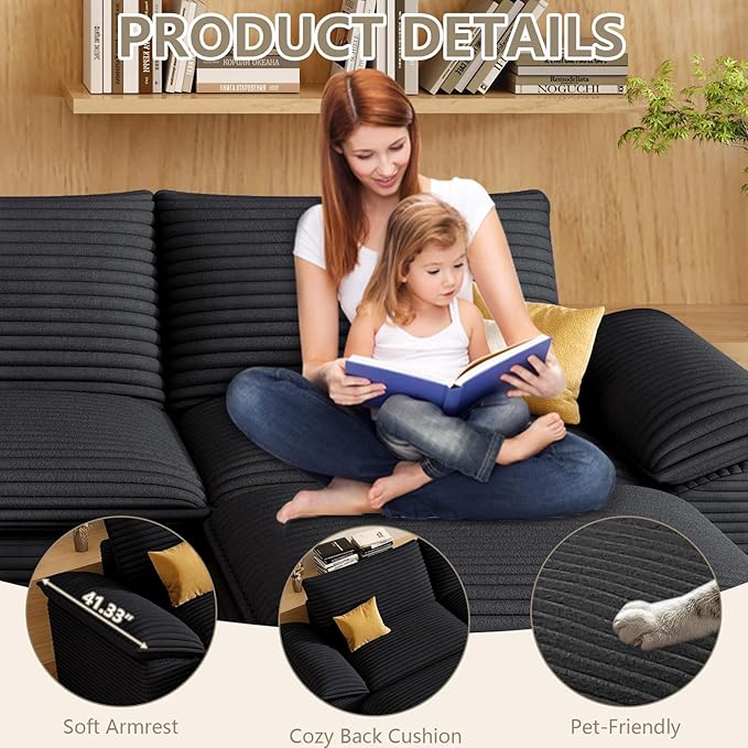 111" Cloud Sectional Couch with U-Shaped Chaise, Corduroy Sectional Sofa with Ottoman, Boneless Couch with Deep Seat in a Box for Living Room, No Assembly Required (Black)