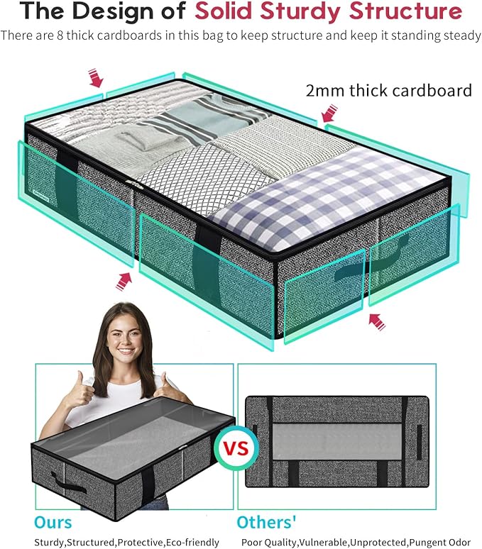 Onlyeasy Underbed Fabric Storage Bags Organizer with 4 Handles, 2 Zippers and Large Clear Window, for Clothes, Blankets, Bedding, Foldable with Sturdy Structure, 2 Pack, Linen-like Black, MXAUBBSS2P
