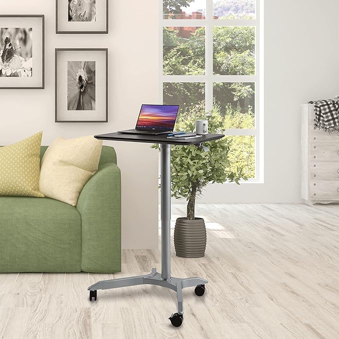 Seville Classics Airlift Height Adjustable Pneumatic Laptop Sit Stand Desk Mobile Rolling Cart, Computer Workstation for Home Office, Classroom, Espresso, 28" XL Desktop (New Model)