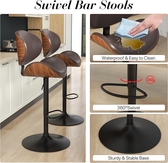 KCC Bar Stools, Swivel Adjustable Height Barstools, PU Leather Upholstered Bar Chairs with Footrest, Bentwood Bar Stool for Kitchen, Bar, Dining Room(Brown PU)