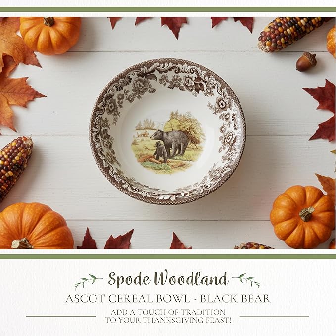 Spode Woodland 8" Black Bear Ascot Cereal Bowl - Fine Earthenware Rustic Dinnerware - Wildlife Collection, Dishwasher, Microwave, Freezer & Oven Safe - Holiday Tableware Made in England