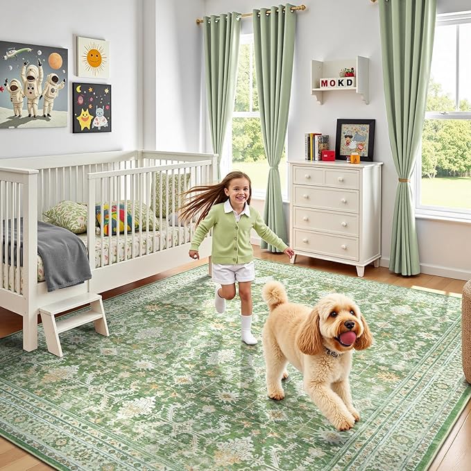 Lofus 8x10 Area Rug for Living Room, Light Green Washable Area Rugs with Non-Slip Backing,Soft Boho Carpets for Bedroom Dining Room Home Office Indoor Nursery