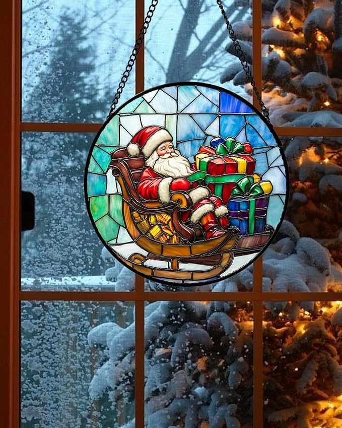 Stained Glass Window Hanging - Santa Claus Gift BoxSuncatcher for Doors Home Christmas Decoration Winter Sun Catcher Thanksgiving New Year Birthday Gift for Women Men Mom Nana 15 in