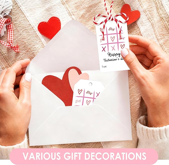 50Pcs Happy Valentines Tags for Bags, Valentine Gift Label with String, Sweet Themed Party or Valentine' Day Thank You Gift Tags Great for Party Favors-XOXO