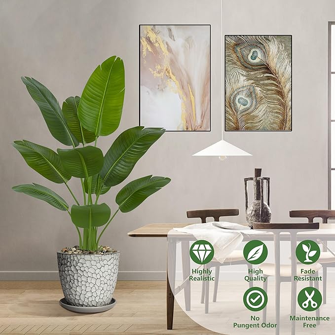 Artificial Bird of Paradise Plant 4FT Fake Palm Tree Feaux Plants in White Pot Artificial Tree Fake Plant for Indoor Outdoor Modern Decoration for Home Living Room Office