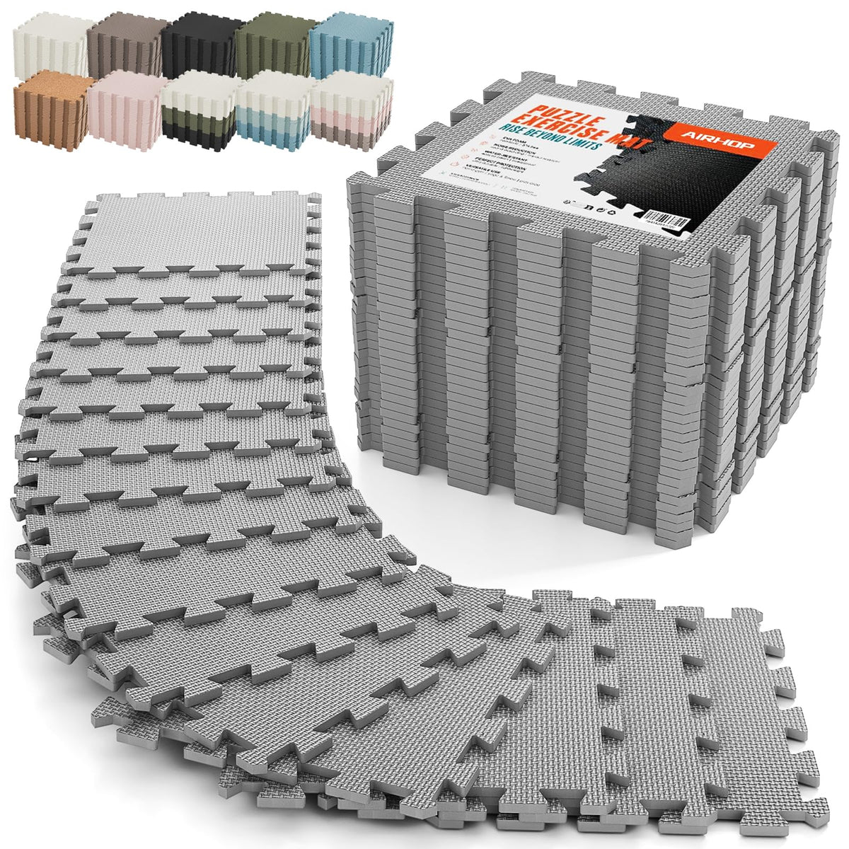 AIRHOP 18 PCS Gym Floor Mat, EVA Foam Puzzle Gym Mat, High-Density Interlocking Foam Floor Tiles for Home Gym, Play Workout Garage Kitchen Flooring 12.6"x12.6"x0.4"