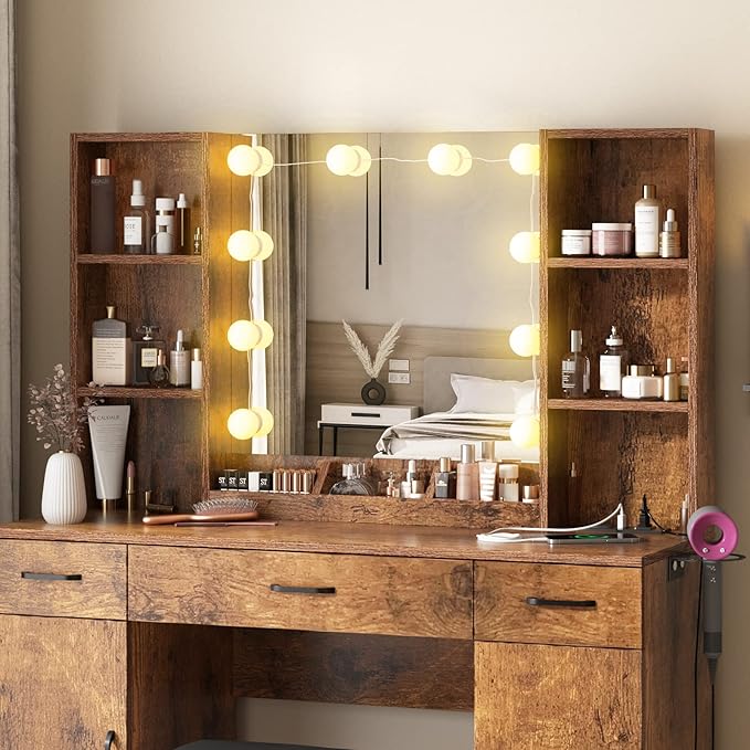 Vabches Makeup Vanity Desk with Lighted Mirror & Power Strip, Large Brown Vanity Table Set Rustic Farmhouse Style with Lots of Storage, 3 Lighting Modes, Brightness Adjustable, 45.2in (W)