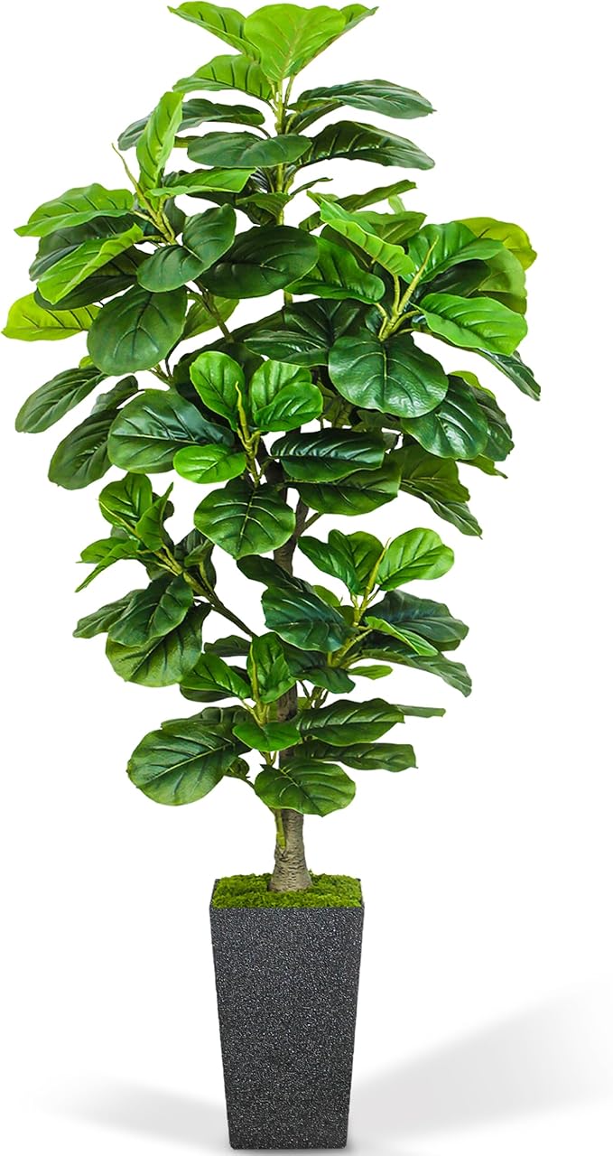 Artificial Fiddle Leaf Fig Tree 6ft, 6 Feet Large Tall Fake Plants Indoor with Modern Style Planter, Artificial Silk Tree for Home Office Living Room Decor Indoor, More Lifelike & Lush (Black)
