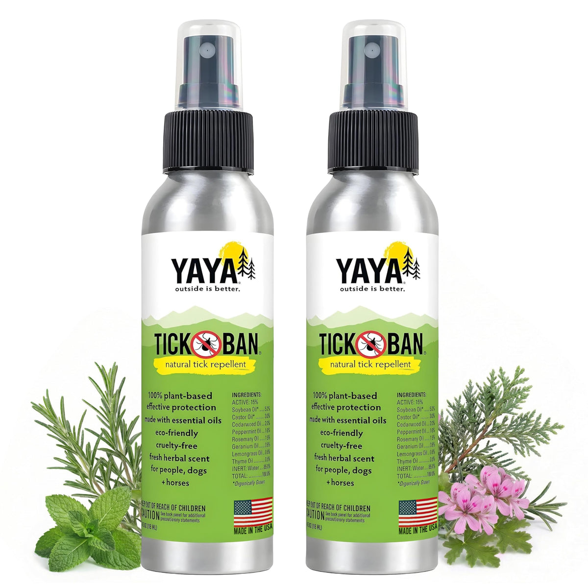 Yaya Organics Tick Ban DEET-Free Mist Spray - Made in USA - All Natural Extra Strength Tick Repellent Spray Made with Essential Oils - Safe for Kids & Dogs (4 Ounce, 2 Pack)