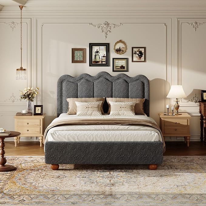 Full Size Bed Frame with Headboard, Boucle Bed Frame, Soft Upholstered Platform Cloud Bedframe with Footboard, Solid Wood Legs, Solid Wooden Slats Support, No Box Spring Required, Easy Assembly, Grey