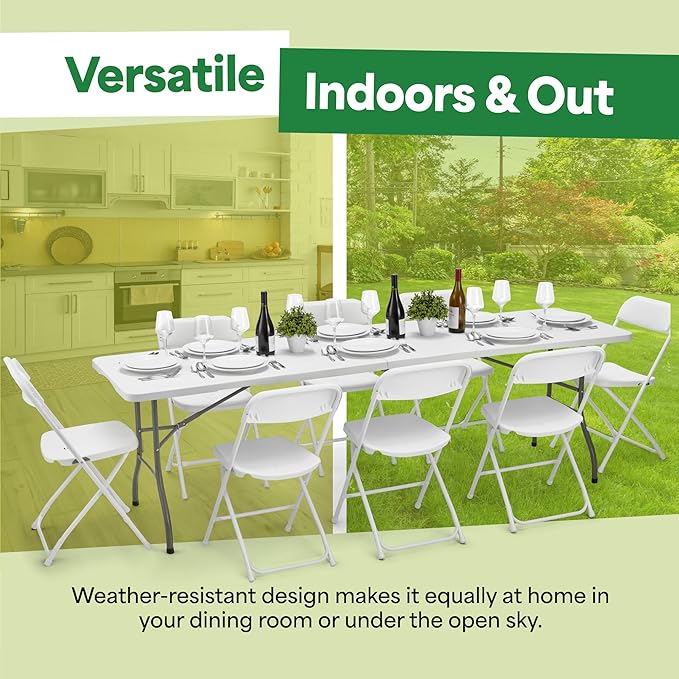 EconoHome White 8ft Folding Table with Handle | Heavy-Duty Foldable Table | Portable Table for Indoor & Outdoor Use | Perfect for Events, Camping, Parties, Dining & More