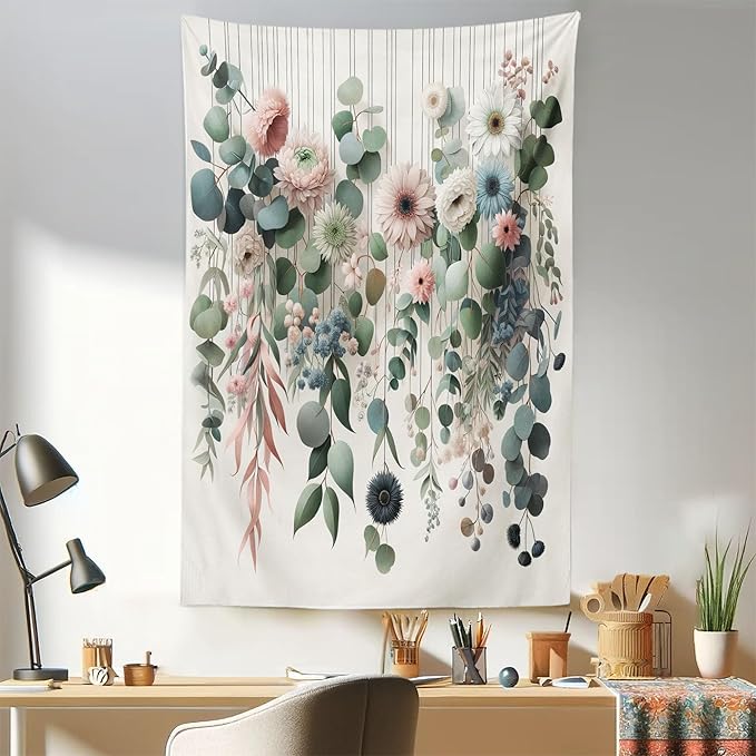 Ambesonne Flower Tapestry, Modern Lines Leafy Eucalyptus Pattern with Tender Sunflower and Peony, Fabric Wall Hanging Decor for Bedroom Living Room Dorm, 30" X 45", Grey Teal Laurel Green