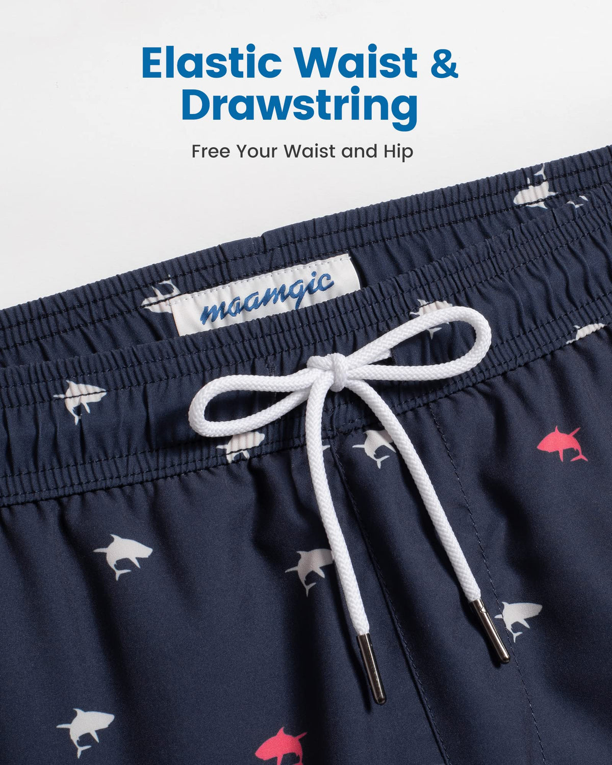 maamgic Mens Swim Trunks with Compression Liner 5 Inch, Quick Dry Bathing Suit with Zipper Pockets, Stretch No-Chafing Swim Shorts, Navy-Mini Shark Large