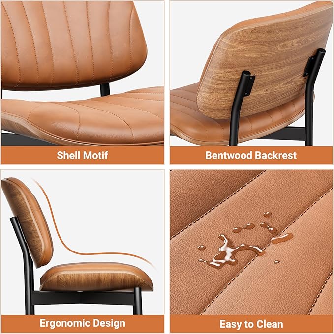 Dining Chairs Set of 8, Dining Room and Kitchen Chairs, Mid Century Modern Accent Chair, Upholstered PU Leather Chairs for Vanity with Walnut Bentwood and Metal Legs, Light Tan