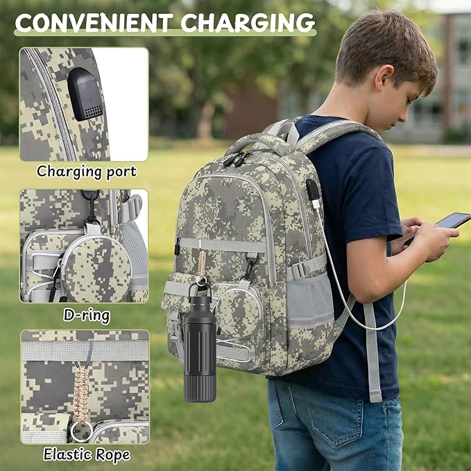 School Backpack for Boys - Camo Boys Backpack for Kids Teens Elementary, Middle & High School Bookbag Daypack with Camouflag Design,18″ Large Capacity with Usb Charging Port & Key-chain