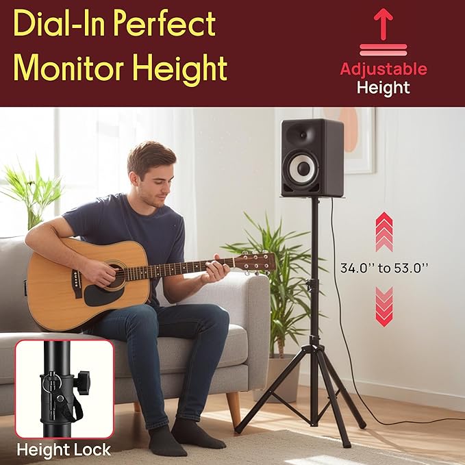Pyle Adjustable Speaker Stand Pair – Dual Studio Monitor Tripod with Metal Base, Anti-Slip Speaker Pads, Height Adjustment from 34” to 53” – Ideal for Home, Studio, and DJ Use, 90 lbs Weight Capacity