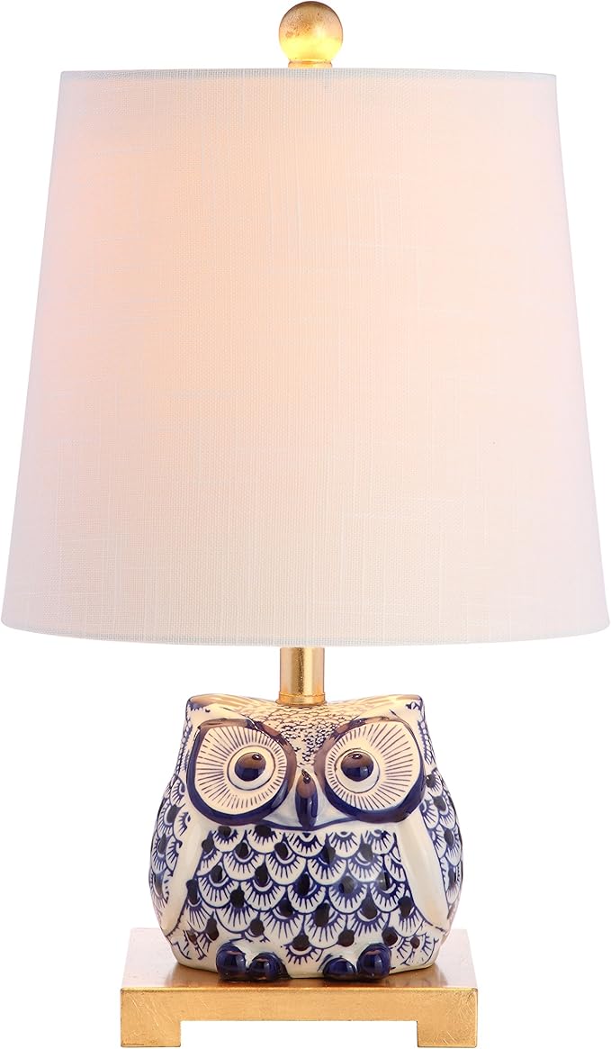 JONATHAN Y 16" Blue/White Ceramic Owl Mini Table Lamp for Bedroom or Office, Modern Farmhouse Nightstand Lamp with White Linen Shade, LED Bulb Included JYL3014A