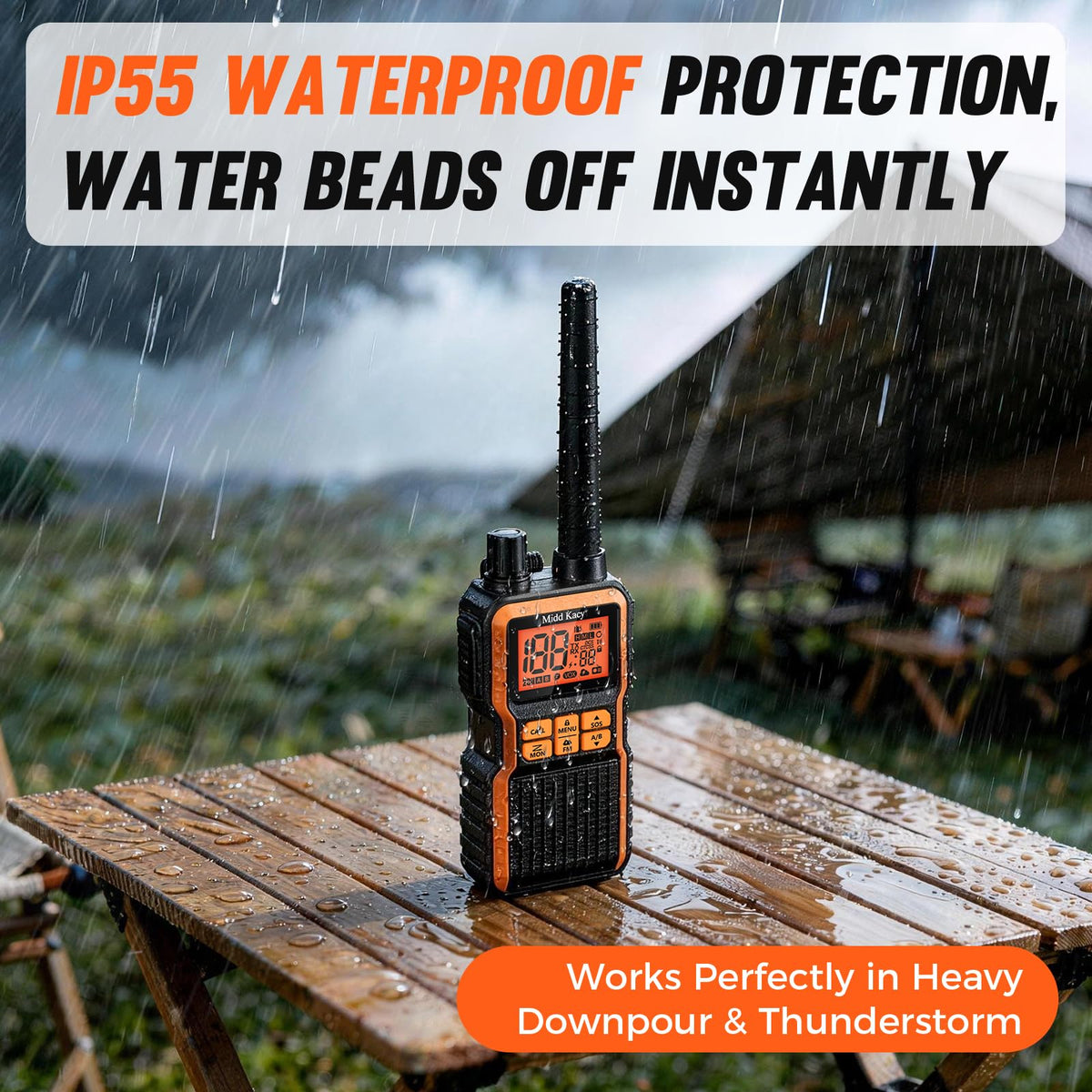 Midd Kacy Walkie Talkies Long Range, 60 Channel GMRS Portable Hunting Waterproof 2 Way Radio with 121 Privacy Codes, SOS, NOAA Weather Alerts, VOXChannel Scanning, 2 Pack (Black/Orange)