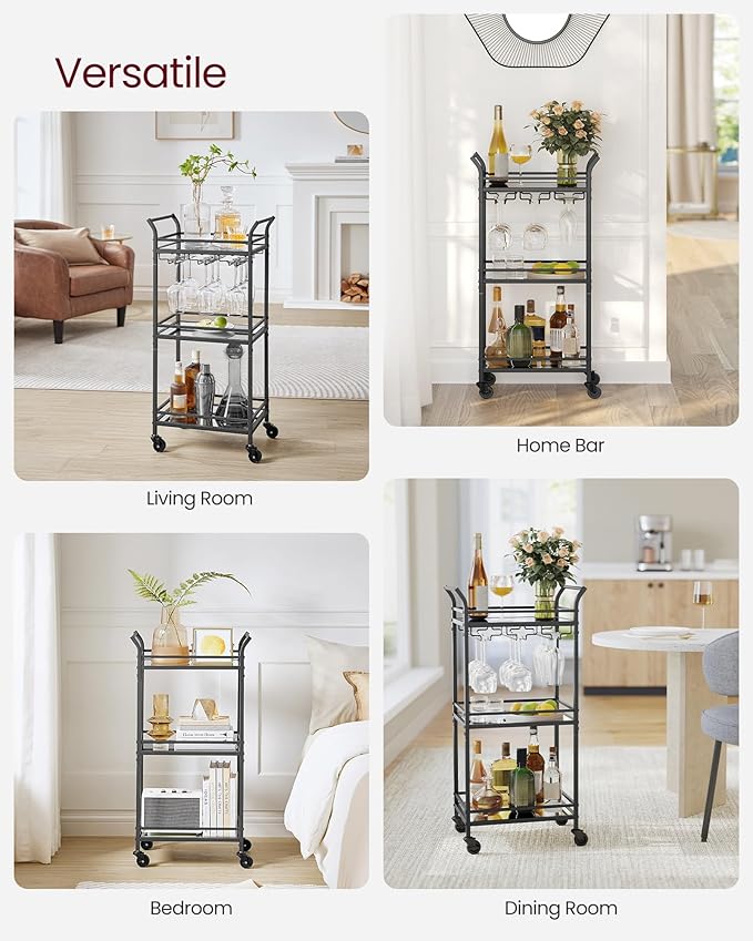 VASAGLE Bar Cart, Home Bar Serving Cart, Small Bar Serving Cart with 3-Tier Shelf, Wine Holders, Glass Holders, Mini Bar Cart for Small Spaces, Kitchen, Dining Room, Living Room, Ink Black