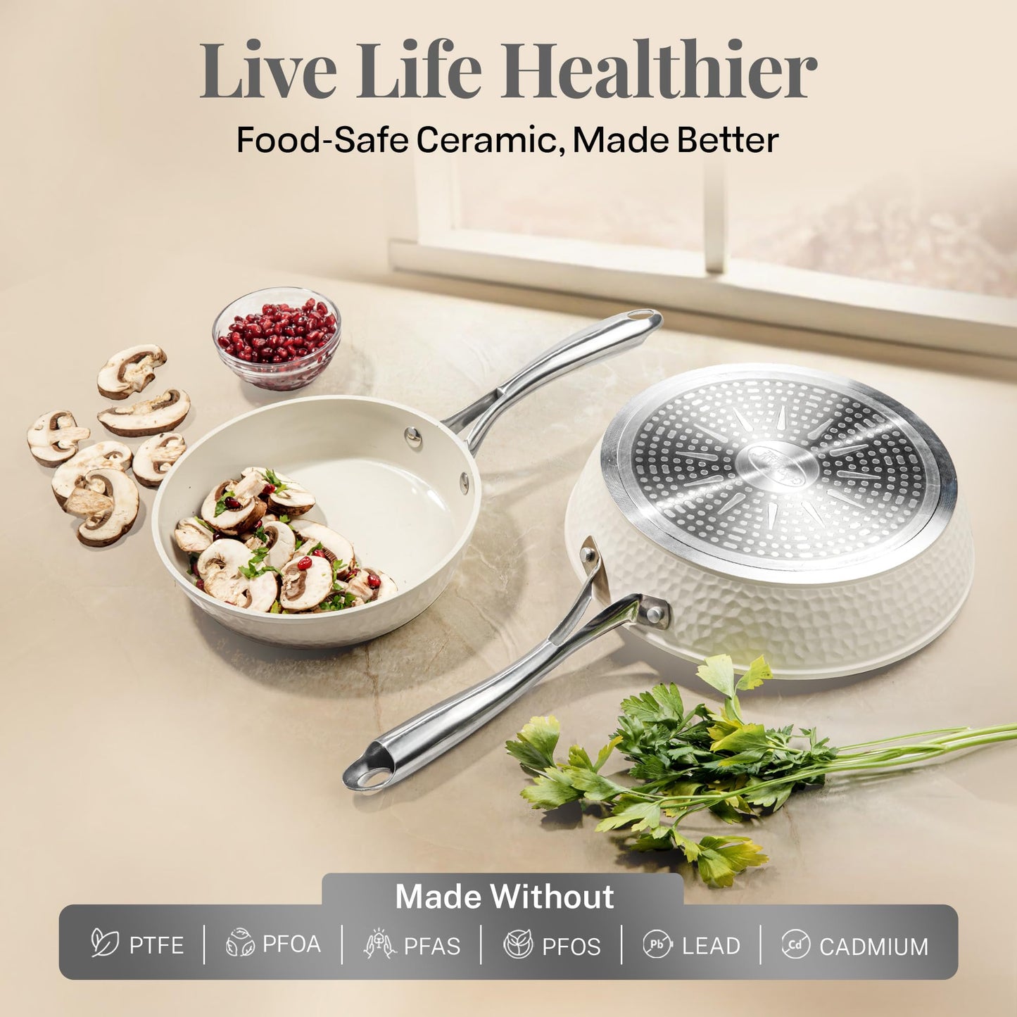 GOTHAM STEEL Hammered 10 Inch Non Stick Frying Pans with Lid, Frying Pans Nonstick with Lid, Non Toxic PFOA PFOS Free, Skillet Pan for Cooking, Induction Oven and Dishwasher Safe – Cream