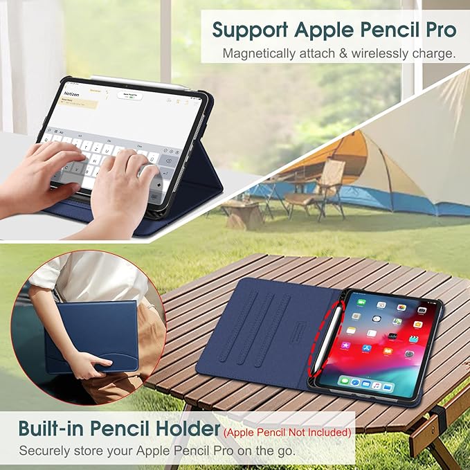 Fintie Folio Case for iPad Pro 11-inch (M5) 2025 / (M4) 2024 - Multiple Angles Viewing Stand Protective Cover with Pencil Holder & Pocket, Auto Wake/Sleep, Navy