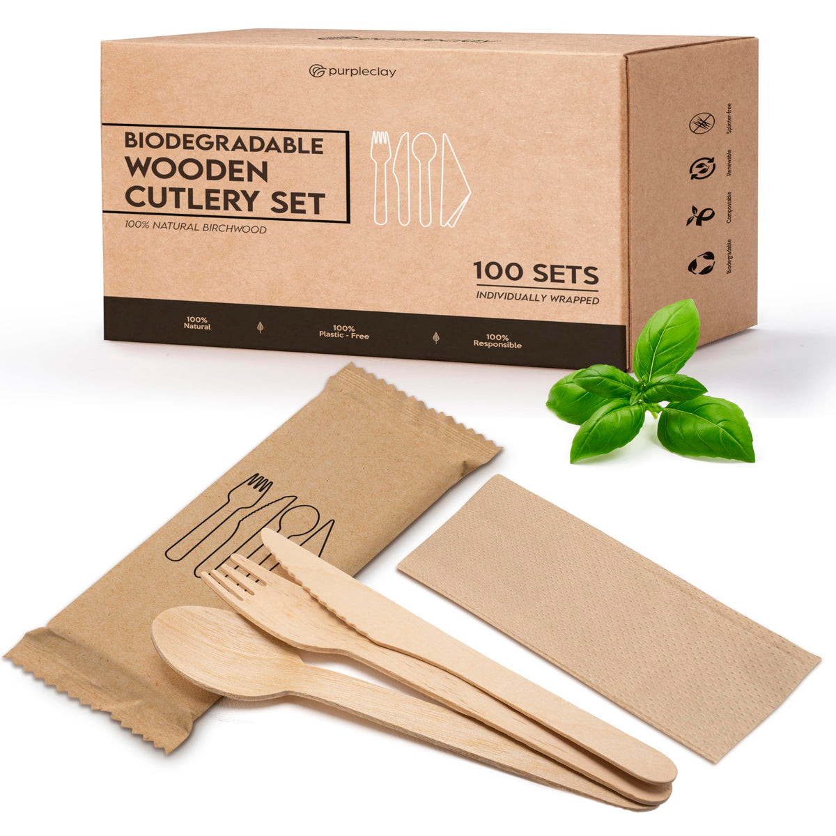PURPLECLAY Wooden Knives Disposable – 300 Piece Wood Compostable Knives, Eco-Friendly Biodegradable Cutlery Set, Charcuterie Accessories Disposable, Wooden Knife for Parties, Plastic-Free Utensils