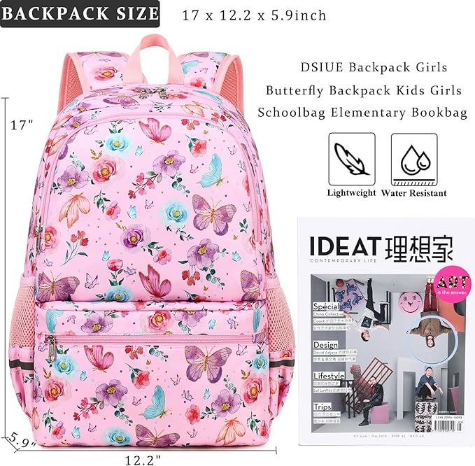 DSIUE Kids Backpack for Girls Elementary BookBags Teens Middle School Backpack with Lunch Box Butterfly Lake Blue