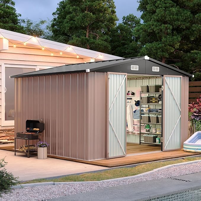 Aoxun 10x8.5 FT Outdoor Storage Shed Garden Metal Shed with Lockable Door Outdoor Large Shed for Tool, Garbage Can, Bike, Mower, Brown