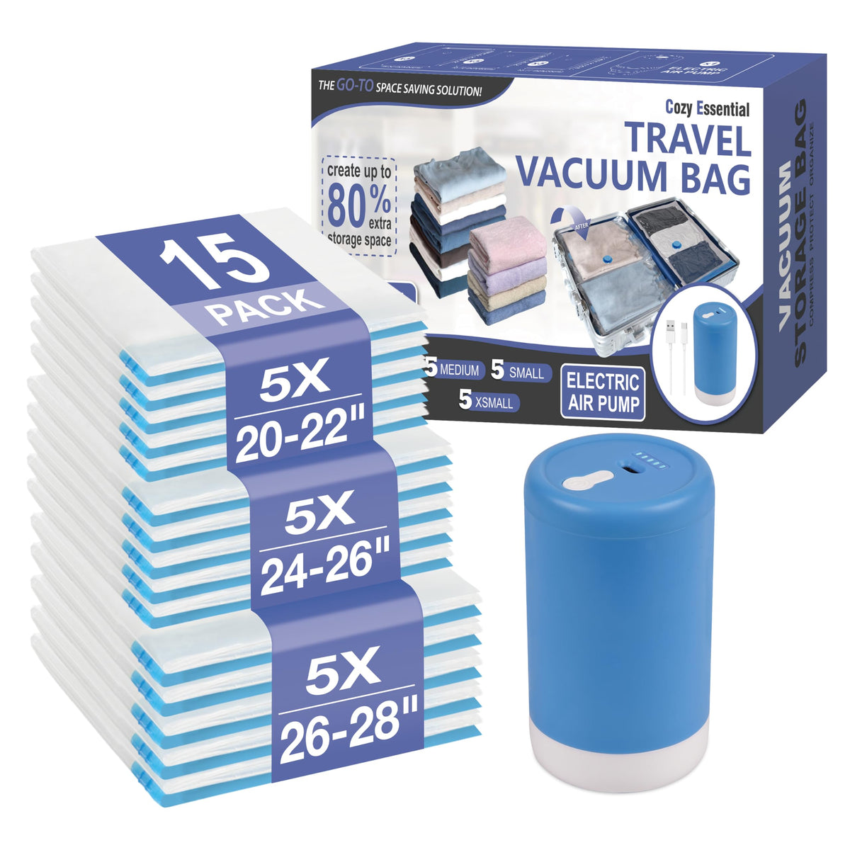 Travel Vacuum Storage Bags with Rechargeable Cordless USB Pump, 30 Combo