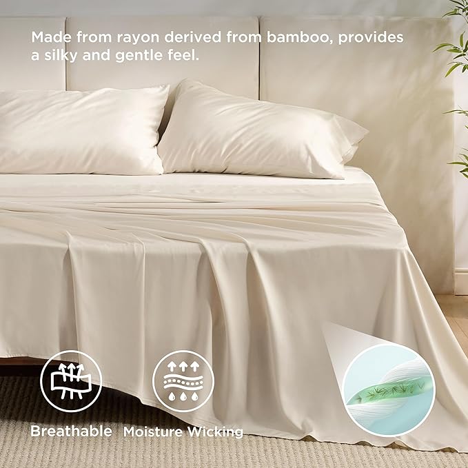 Bedsure California King Sheet Sets, Cooling Sheets, Rayon Derived from Bamboo, Breathable & Soft, Deep Pocket Up to 16 Inches, Hotel Luxury Silky Bedding for Hot Sleepers, Light Beige