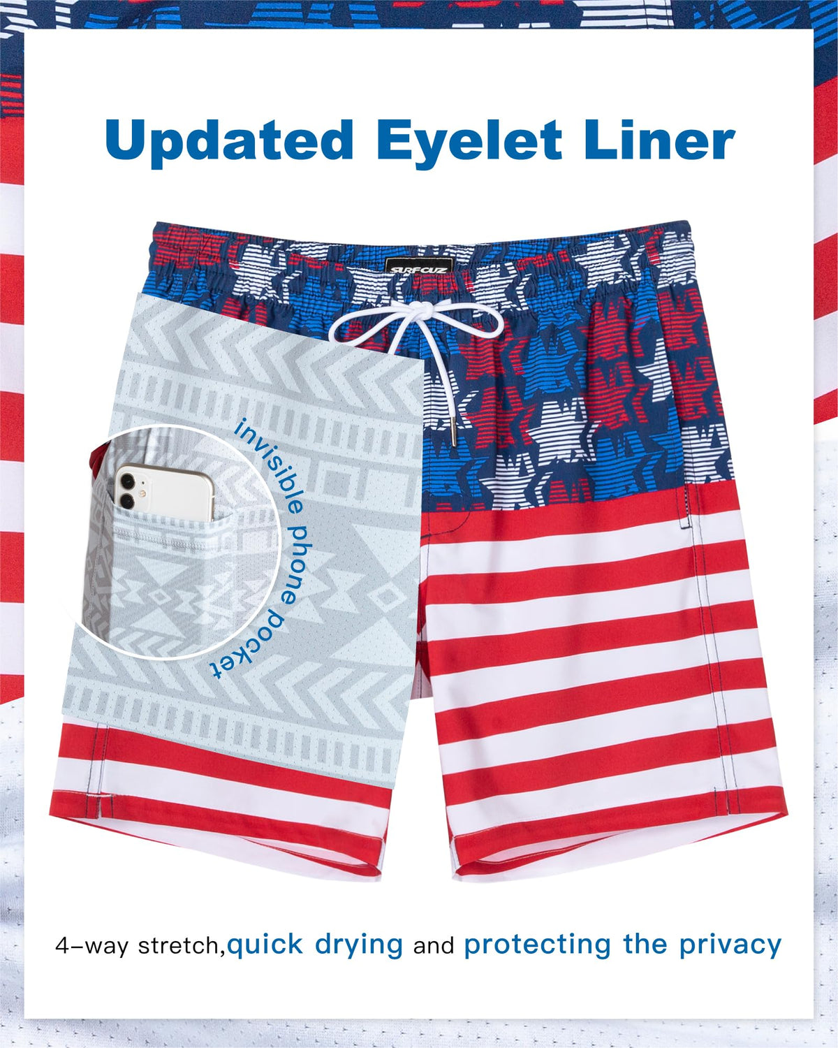 SURF CUZ Mens Swim Trunks with Compression Liner Quick Dry Swim Shorts 7" Swimming Trunks Stretch Bathing Suit 7 Inch,American Flag,XS