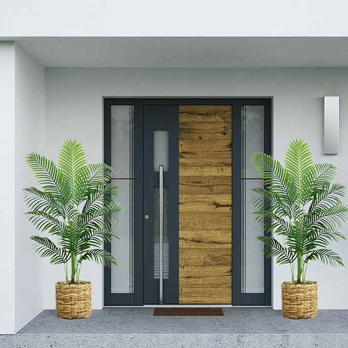 2 Pack Artificial Palm Tree 5FT Artificial Plants Indoor Tropical Fake Palm Tree Areca Floor Plant in Black Pot with 13 Trunks & Real Bark Design, Faux Palm Plant for Outdoor Patio Home Office Decor