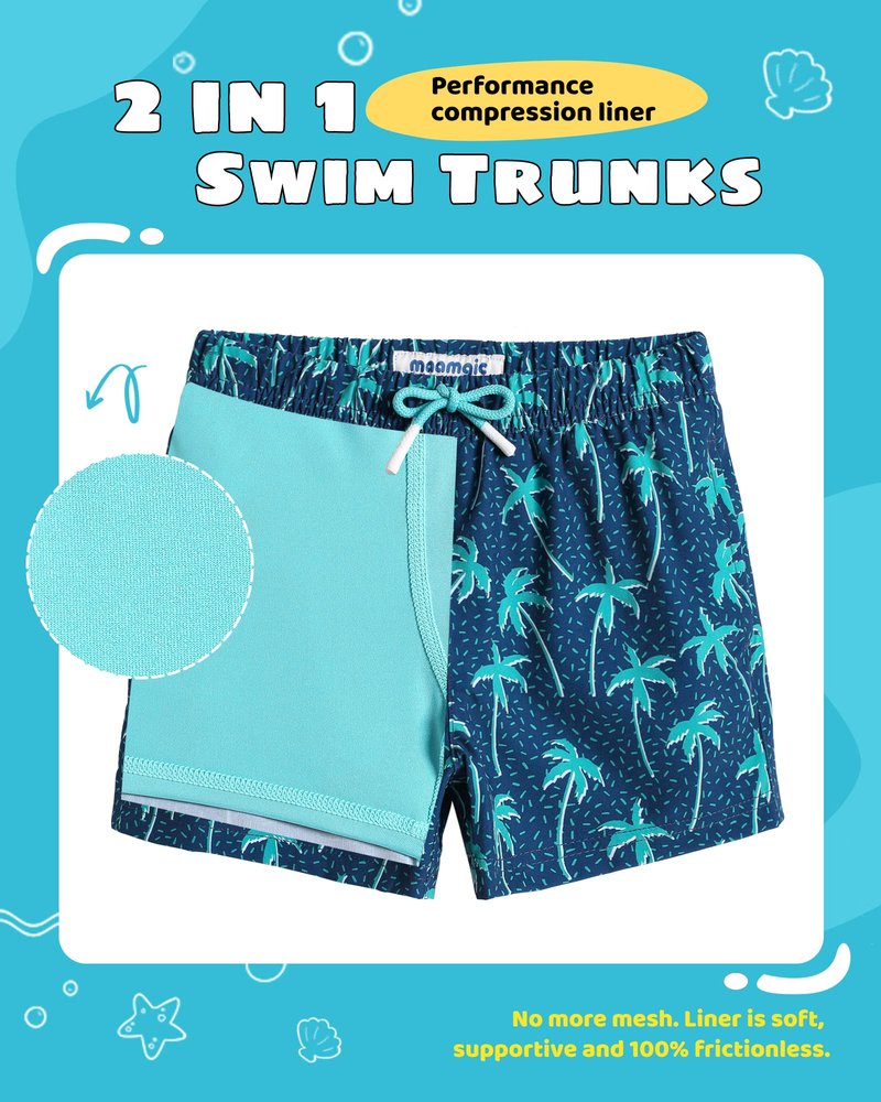 maamgic Boys Swim Trunks with Compression Liner Toddler Stretch Swim Shorts Quick Dry Swimming Trunks Boxer Brief 2 in 1 Beach Shorts Navy Blue Coconut 5/6