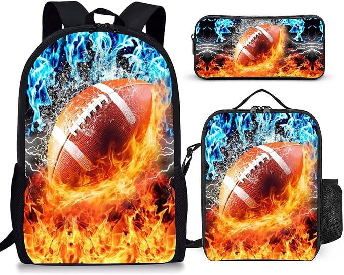 3PCS Football Backpack Set for Boys, Lightweight Large Backpack with Lunch Box & Pencil Case, Cool Sport Bookbag for Kids, Back to School Backpacks for Elementary & Middle School - 01