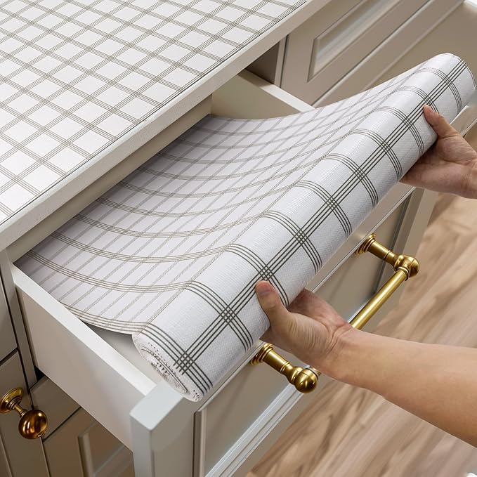 Shelf and Drawer Liner for Kitchen Cabinets Non-Adhesive, Strong Grip Non-Slip Thickened Cabinet Liners for Shelves, Waterproof Mats for Dresser Cupboard, White Square, 12 in x 10 Feet
