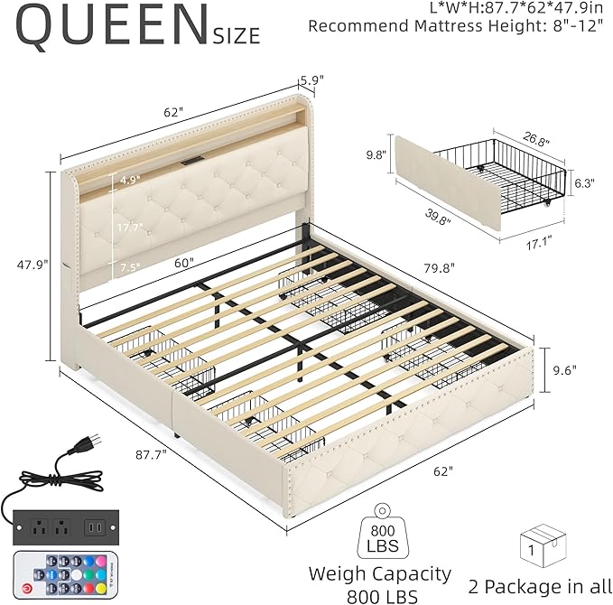 BRELTAM Queen Size Bed Frame with 4 Storage Drawers Platform Bed with Headboard,Upholstered Velve Tufed Bed Frame&LED Light and Charging Station,Heavy Duty Wood Slats,Noise Free,Easy Assembly,Beige