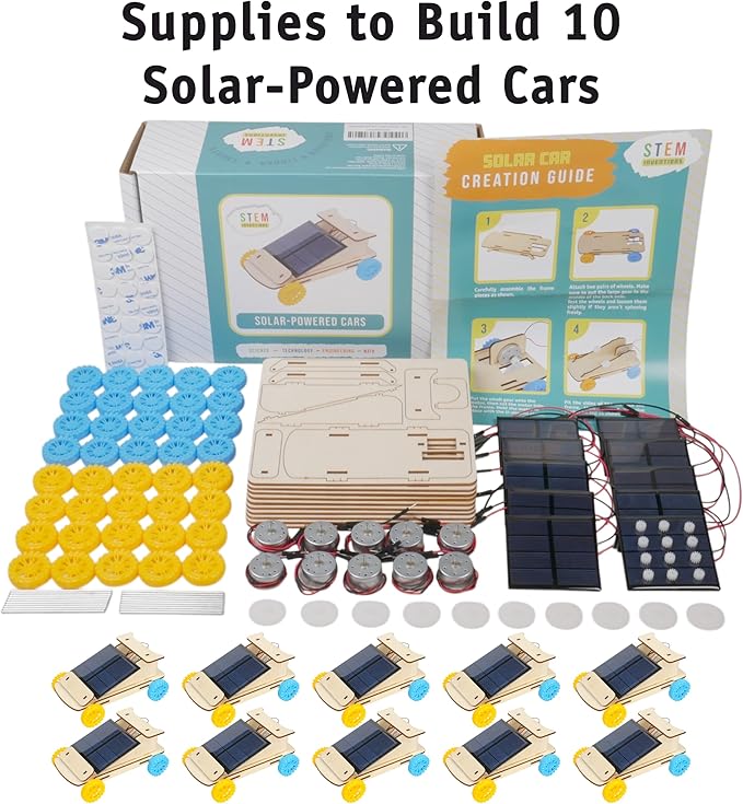 Solar Powered Car Kit (10-Pack) – Build-Your-Own Wooden Solar Vehicles for Kids, STEM Engineering Project Kits for Classroom, Renewable Energy Science Experiments, Ages 8 and up