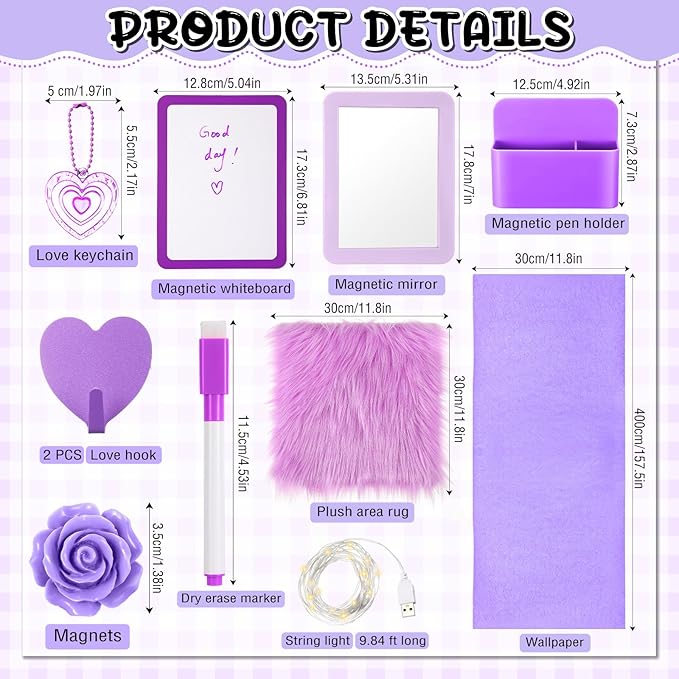 12 Pcs Locker Accessories Kit Magnetic Mirror Whiteboard Pen Holder Magnet Hook Locker Wallpaper Rug Keychain Marker String Light for Back to School Essentials Decorations (Purple)