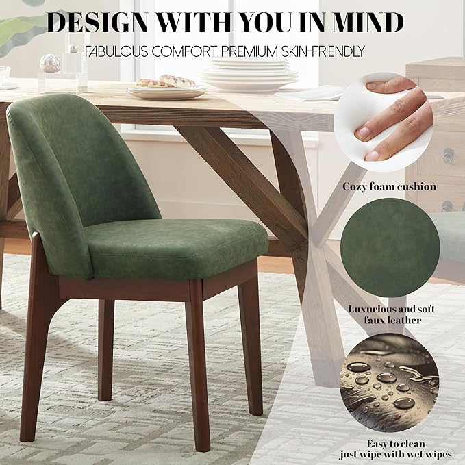 VKNOW Modern Dining Chairs Set of 2, Faux Leather Kitchen Chairs with Wood Legs, Upholstered Side Chair for Kitchen Dining Room, Green
