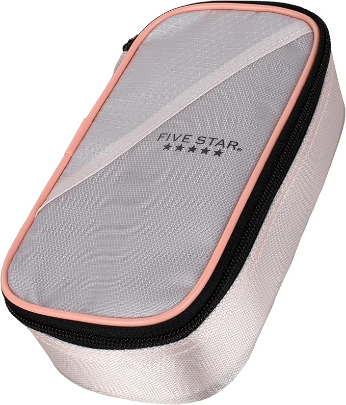Five Star Pencil Pouch Zipper High-Capacity Storage Organizer Case for Office Supplies Earbuds Chargers Cables Makeup, Tan/Pink (500212C)