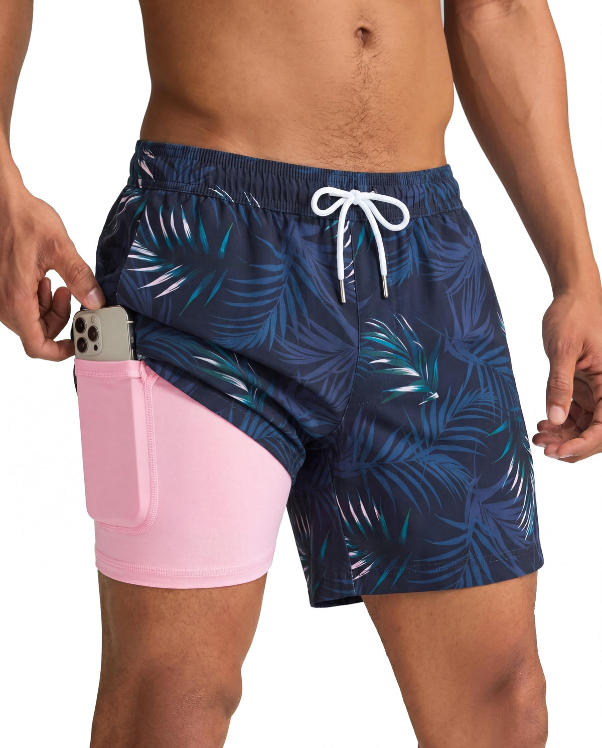maamgic Mens Swim Trunks with Compression Liner 5 Inch, Quick Dry Bathing Suit with Zipper Pockets, Stretch No-Chafing Swim Shorts, Navy-Pink Leaf Silhouette Medium