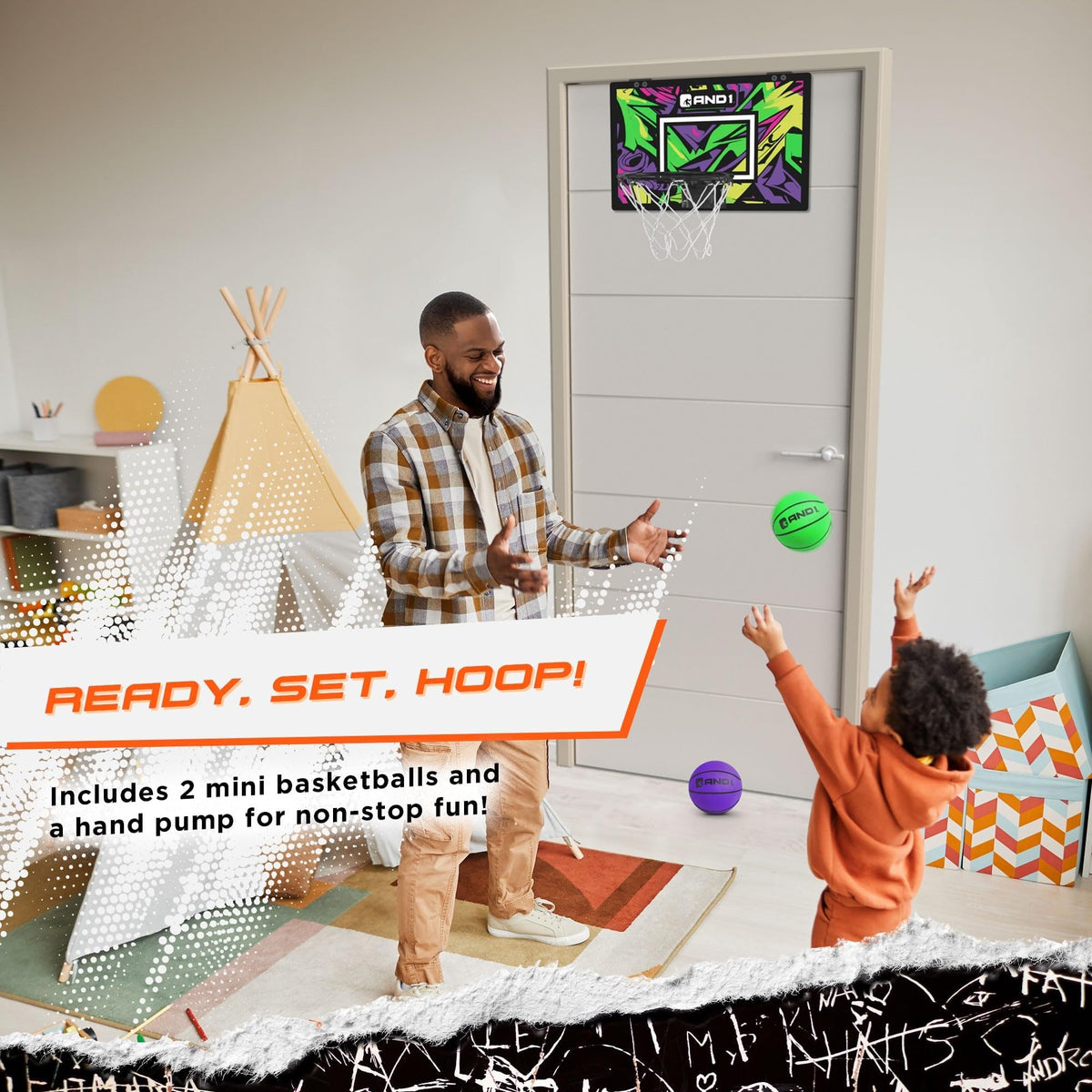AND1 Over the Door Mini Basketball Hoop: 18x12 Shatterproof Backboard, 2 Mini Basketballs, and Hand Pump Included- Ultimate Indoor Basketball Accessory for Kids and Adults, No Tools Required