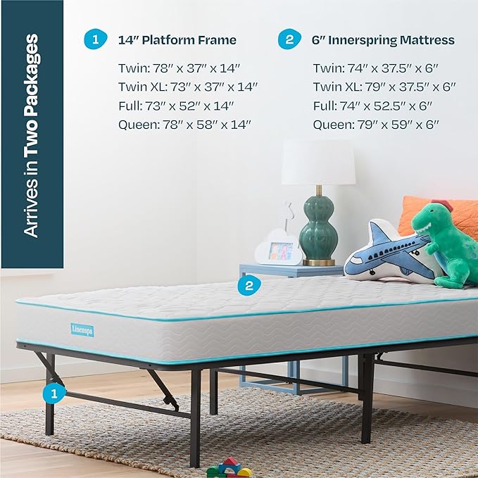 Linenspa 6-Inch Innerspring Mattress - Twin XL + 14-Inch Folding Platform Bed Frame