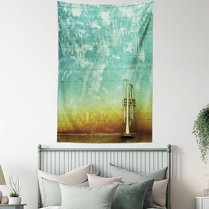 Ambesonne Music Tapestry, Old Aged Worn Single Trumpet Stands Alone Against a Faded Wall Jazz Theme Photo, Fabric Wall Hanging Decor for Bedroom Living Room Dorm, 23" X 28", Teal Brown